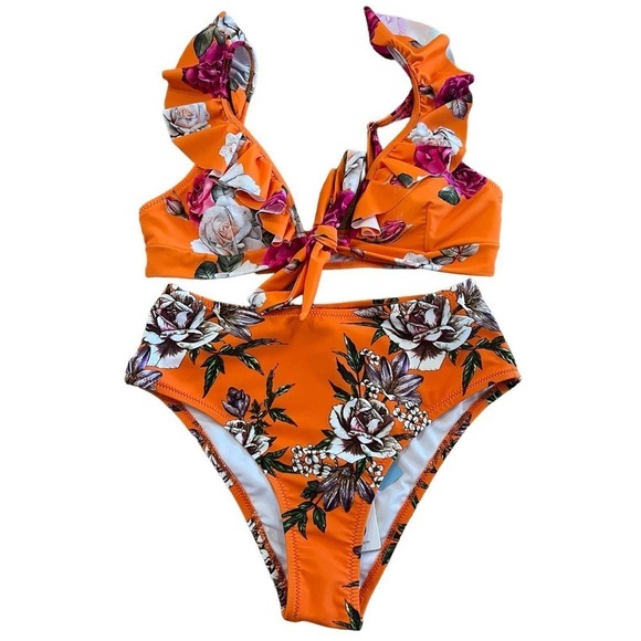 CUPSHE FLORAL RUFFLE HIGH RISE 2 PIECE BIKINI SET NWT ORANGE WOMEN'S‎ SIZE XS - Picture 1 of 11
